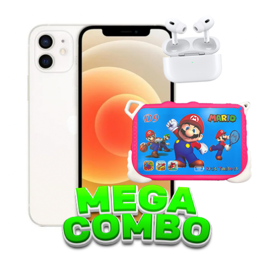 IPHONE 12 64GB BLANCO REACONDCIONADO+ AUDIFONO TIPO AIRPPODS PRO + TABLET KIDS D9 6/256GB ROSA